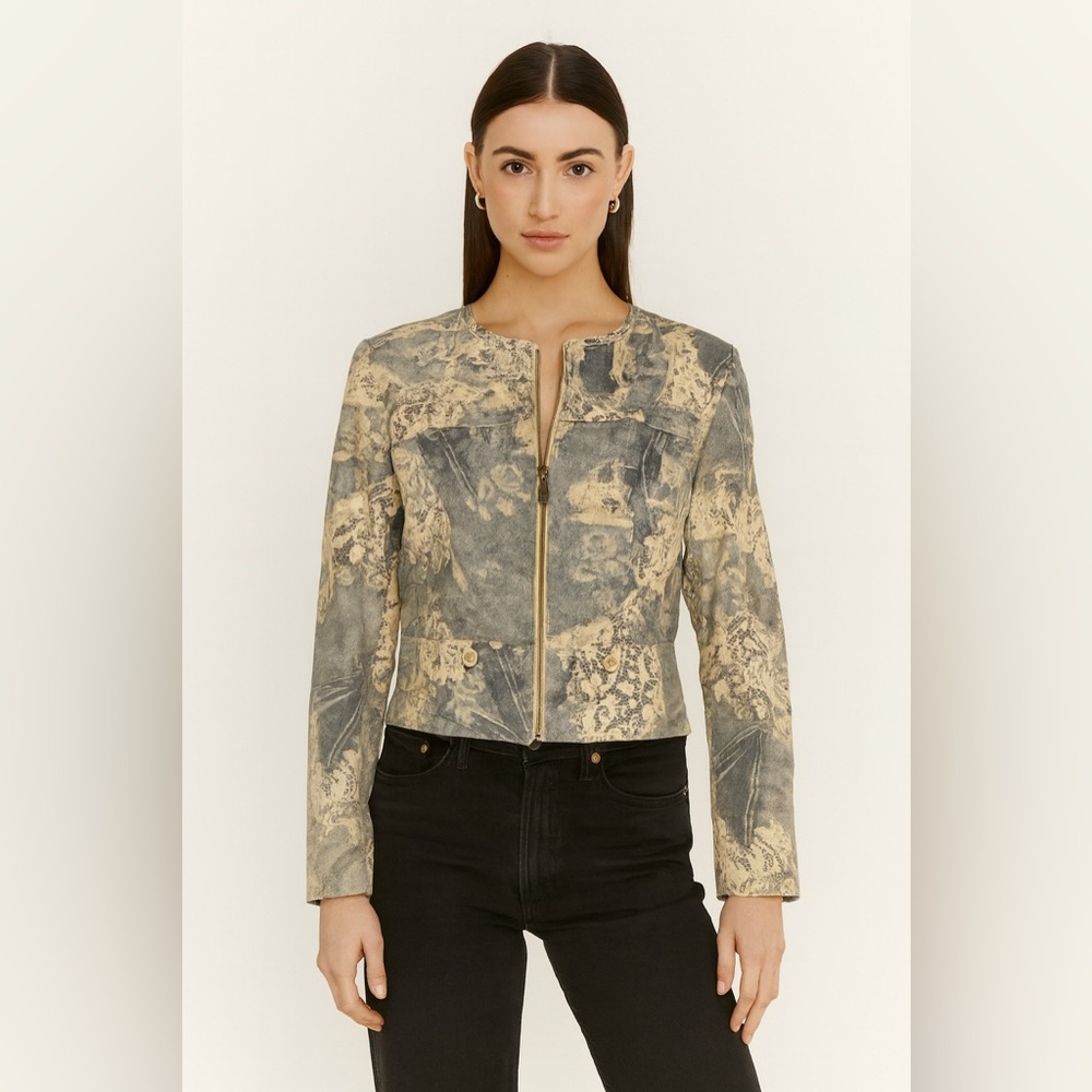 Anonymous Leathers John Carlisle Lace and Denim Print Cropped Leather Jacket K 4